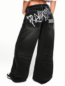 ROMWE Grunge Punk Y2K 别致字母与十字绣做旧大码女式宽松低腰阔腿牛仔裤 - 黑色 - 查看 5