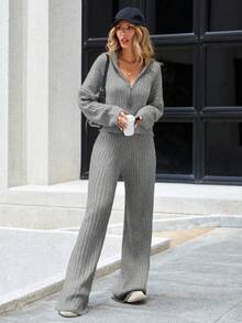 EURMUSE Drop Shoulder Zip Up Cardigan & Knit Pants - Light Grey - View 4