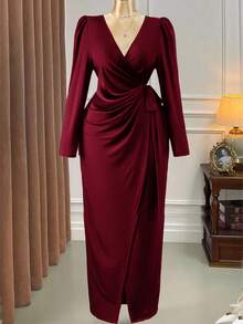 Rometta Váy dự tiệc mùa thu lấy cảm hứng từ phong cách Gothic cao cấp thanh lịch dành cho nữ cỡ lớn, váy maxi màu trơn cổ chữ V ôm sát, thắt eo - Màu Đỏ Sâu - Xem 2