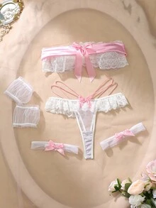 4pcs Pink Satin Lace Patchwork Ruffle Bow Mesh Sheer Camisole + G-String + Arm Sleeves + Leg Garter Sexy Lingerie Set, Sweet & Cute - Multicolor - View 7