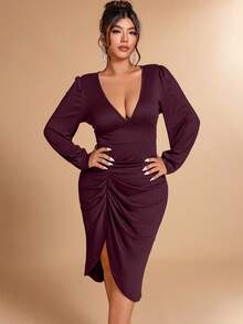 Cravure Plus Size Elegant Solid Color V-Neck Ruched Asymmetric Hem Dress, Autumn - Burgundy - View 1