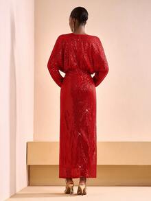 Zivah Tiệc sang trọng mùa thu đông mới, hẹn hò hàng ngày, tiệc sinh nhật, tiệc cao cấp gợi cảm, phong cách hộp đêm, váy dự tiệc mùa cưới, váy dự tiệc trang trọng mùa lễ hội âm nhạc, váy cô dâu, cổ chữ V sâu, tay áo một bên vai, tay cánh dơi, tay dài, túi trước và giữa, váy bó sát, váy đuôi cá, váy siêu dài, váy đính sequin và hạt màu đỏ, váy dài nữ -A - Đỏ - Xem 3