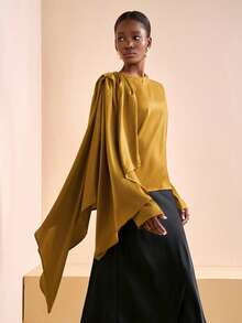 Zivah 2025秋冬新年,情人节,派对,宴会,约会,生日派对,学院风,学生装,日常出游,基础百搭,休闲,邮轮旅行,爆款,优雅,通勤,商务休闲,极简主义,圆领长袖,可拆卸肩带,宽松直筒剪裁,缎面姜黄色,优雅衬衫,通勤衬衫,女士衬衫 - 芥末黃 - 查看 1
