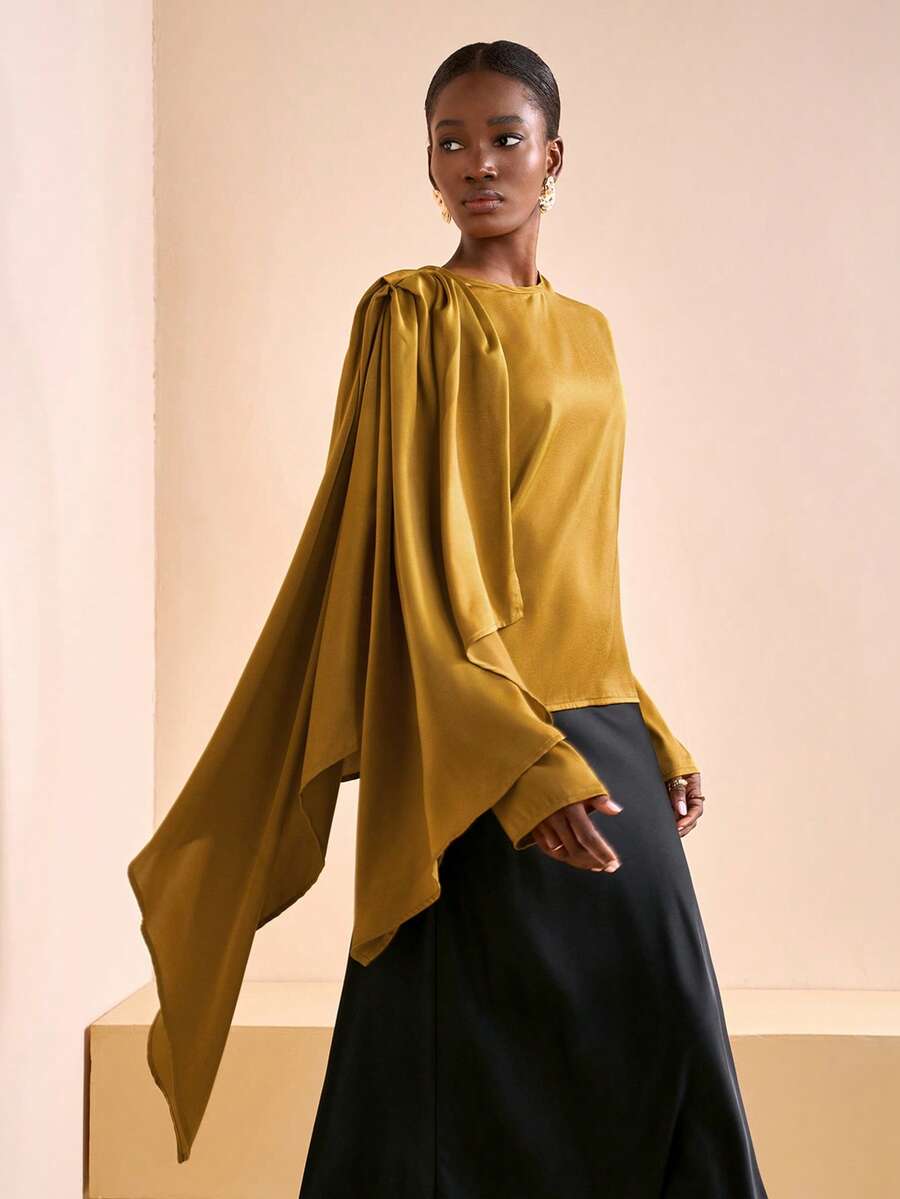 Zivah 2025秋冬新年,情人节,派对,宴会,约会,生日派对,学院风,学生装,日常出游,基础百搭,休闲,邮轮旅行,爆款,优雅,通勤,商务休闲,极简主义,圆领长袖,可拆卸肩带,宽松直筒剪裁,缎面姜黄色,优雅衬衫,通勤衬衫,女士衬衫 - 芥末黃 - 查看 1