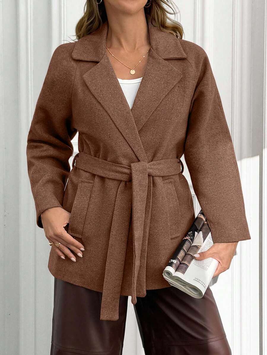 EURMUSE Women's Solid Belted Short Good Quality Elegant Wool Coat - Brown - View 1