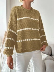 EURMUSE Striped Round Neck Drop Shoulder Sleeve Casual Sweater - Camel - View 6