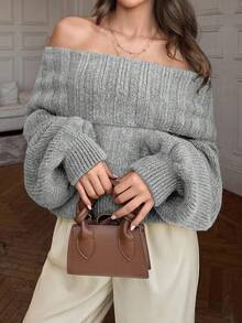 EURMUSE Elegant Off Shoulder Neck Line Rib Knit Balloon Sleeve Oversize Cozy Pullover For Winter - Grey - View 3