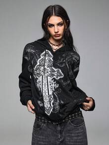 ROMWE Grunge Punk Grunge Style Cross Pattern Print Loose Fit Sweatshirt For Women - Black - View 4