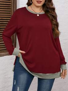 EMERY ROSE Plus Size Women's Casual Colorblock Round Neck Long Sleeve Sweatshirt, Spring And Autumn Holiday/Winter - Red - View 3