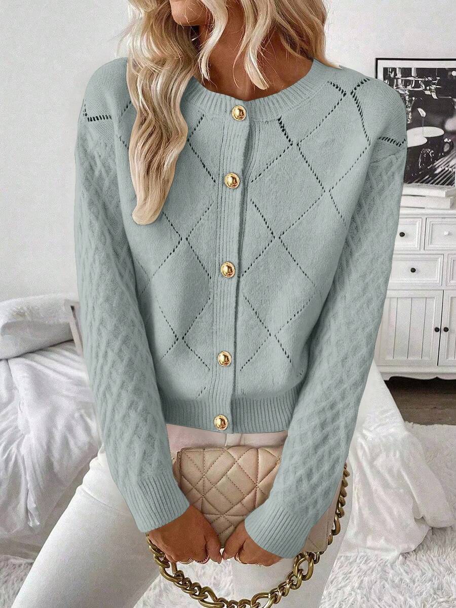 SHEIN LUNE Women's Hollow Out Cable Knit Diamond Pattern Cardigan - Light Grey - View 1