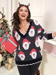 SHEIN LUNE Plus Size Christmas Cartoon Pattern Sweater, Autumn/Winter Christmas Sweater Jumper Winter New Year Casual Sweater For Ladies - Multicolor - View 4