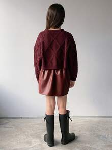 DAZY 2pcs/Set Tween Girls Pullover Sweater & PU Leather Skirt Outfit, Fall