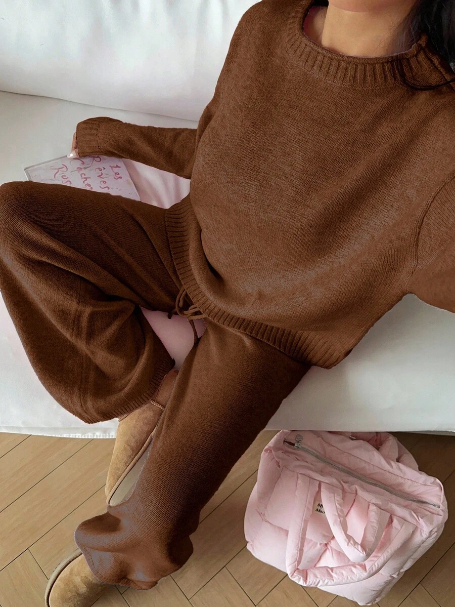 Flirla 2pcs Women Casual Solid Color Round Neck Long Sleeve Loose Knit Pullover Sweater Set - Brown - View 1
