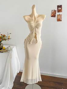 Soleia 全新度假西部海滩婚礼宾客服装、毕业早午餐、圣帕特里克节、春假、复活节、音乐节、优雅波西米亚热带露肩无袖网眼荷叶边下摆两件套 - 米色 - 查看 4