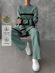 RueChic 2pcs Women Ribbed Contrast Trim Crew Neck Long Sleeve Top And Pants Sweater Set - Mint Green - View 1
