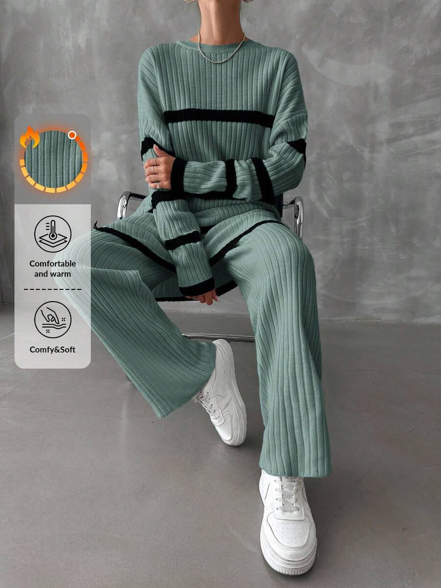 RueChic 2pcs Women Ribbed Contrast Trim Crew Neck Long Sleeve Top And Pants Sweater Set - Mint Green - View 1