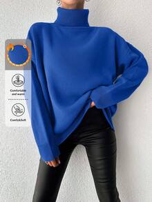 Maglione casual ampio da donna con spalle scoperte, manica lunga e collo alto, monocolore