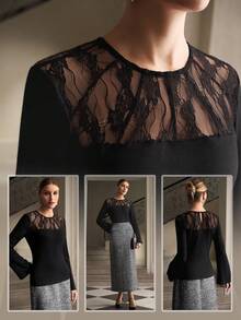 ZEYLAH Women's Round Neck Contrast Lace Flare Sleeve Elegant Blouse - Black - View 7
