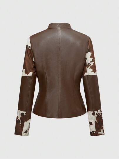 Hippie Vintage Western Animal Print Patchwork PU Fitted Jacket For Women