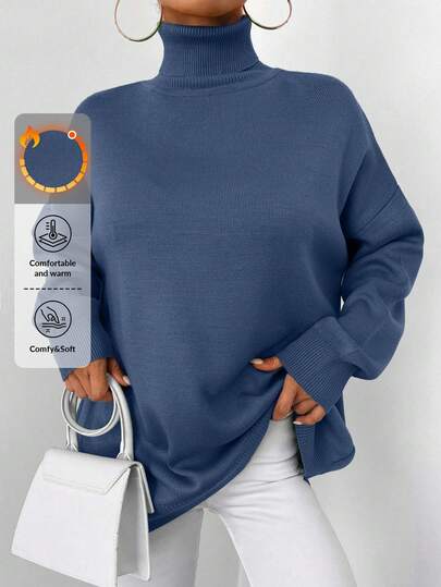 Women's Solid Color High Neck Dropped Shoulder Long Sleeve Casual Loose Sweater,Jumper,Cream Jumper,Jumpers,Black Jumper,Womens Jumper,White Jumper,Women's Jumper,Women's Jumpers,Winter Clothes