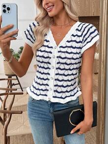SHEIN LUNE Contrast Stripe Short Sleeve Hollow Out Knit Top Sweaters For Women Fall Sweaters - Blue - View 3