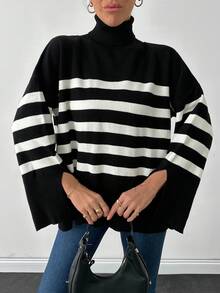 SHEIN Cottnline Striped Pattern Turtleneck Drop Shoulder Split Hem Sweater - Black - View 4