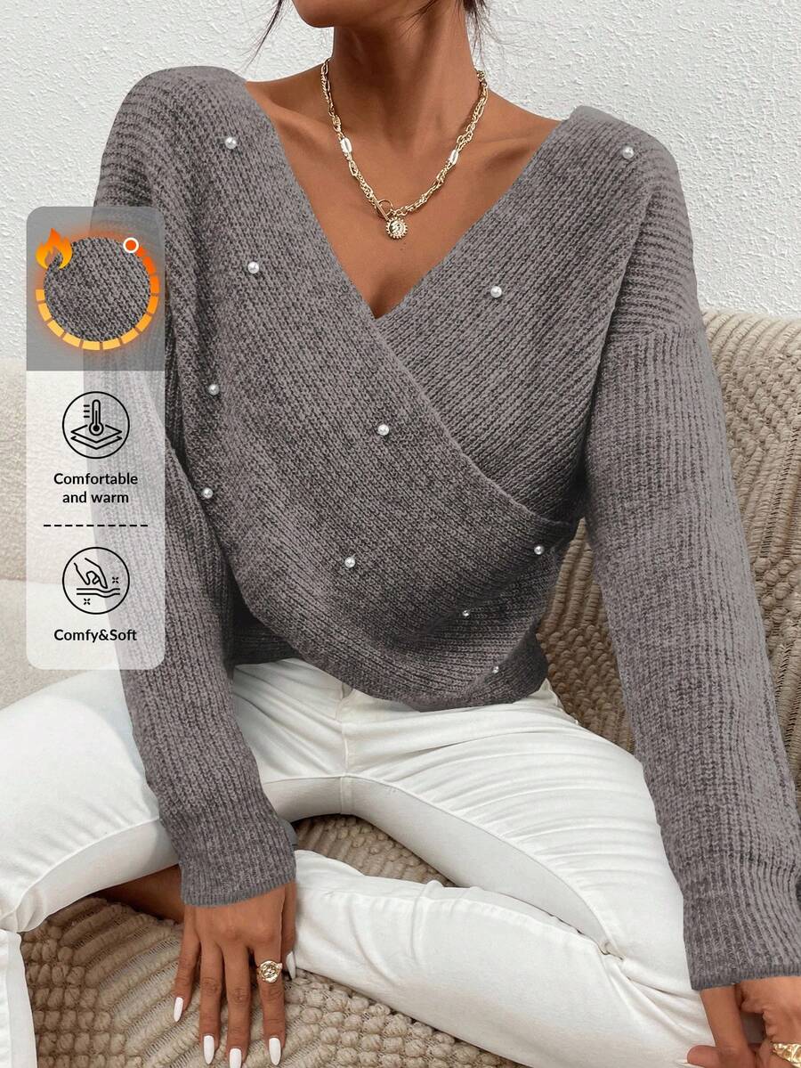 RueChic Pearl Detail Drop Shoulder Cross Front V-neck Sweater - Grey - View 1