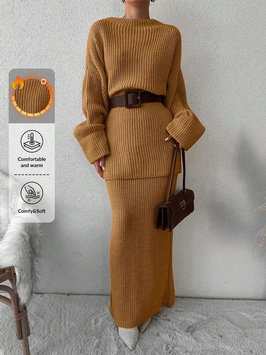 EURMUSE Drop Shoulder Sweater & Knit Skirt Without Belt - Camel - View 1