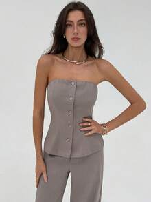Aloruh Conjunto de traje de mujer gris moderno de oficina, sin tirantes, ajustado y recto - Caqui - Ver 5