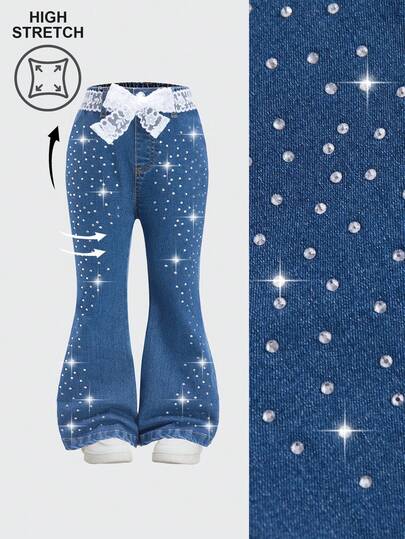 Girls Casual Elastic Waist Rhinestone Embellished Flare Denim Pants, Lightweight Summer