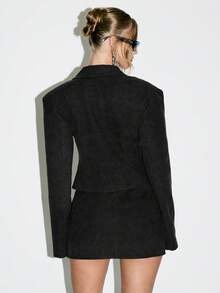 KIZN Suede Blazer With Deep V Neckline Long Sleeve Mini Jacket - Black - View 2