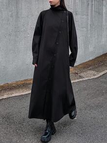 FRIFUL 女士纯黑色不对称领长袖A字宽松休闲连衣裙，适合秋冬季节穿着，百搭长裙 - 黑色 - 查看 4