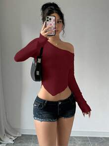 SHEIN Unity Áo len chui đầu dáng ôm cổ bất đối xứng màu trơn đơn giản, thoải mái khi đi làm hàng ngày dành cho nữ, mùa thu - Đỏ - Xem 5
