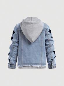 SHEIN 男童复古街头风十字刺绣拼接蓝色牛仔针织连帽夹克，秋冬款，适合日常穿着、街头风、万圣节、圣诞节等场合，保暖百搭。 - 淺色水洗藍 - 查看 2