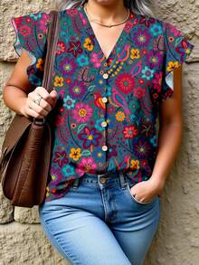 EMERY ROSE Áo sơ mi VCAY cổ điển in hoa xanh dương, dáng rộng, thoải mái cho phụ nữ ngoại cỡ, phù hợp cho mùa hè - Nhiều màu - Xem 1