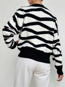 Cloudara Allover Pattern Drop Shoulder Button Front Cardigan - Black and White - View 2