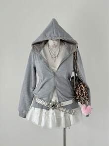 Sunspun Plus Size Zip-Up Hooded Sweatshirt With Waist Drawstring, Spring/Autumn - Grey - View 2