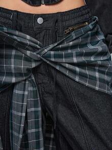 ROMWE Grunge Punk Baggy Black & Grey Plaid Patchwork Asymmetrical 2 In 1 Design Super Loose Women Super Low Waist Jeans