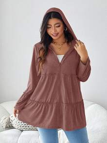 EMERY ROSE Abrigo casual de manga larga con capucha, cremallera y bolsillos, de unicolor, para uso diario en invierno y vacaciones, talla grande - Rosa - Ver 4