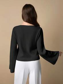 EURMUSE Women's Petite Solid Color V-Neck Front Button Drop Shoulder Cardigan - Black - View 2
