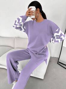 EURMUSE 2pcs Women Casual Loose Knit Sweater Top And Pants Set - Lilac Purple - View 5