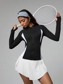 Dewbera Lila & Weiß Splice Stilvolle Reißverschluss-Jacke mit Daumenöffnung, anliegende Sport- & Yogabekleidung