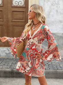 Brillora 女式全印花V领休闲度假长袖连衣裙 - 綠色 - 查看 4