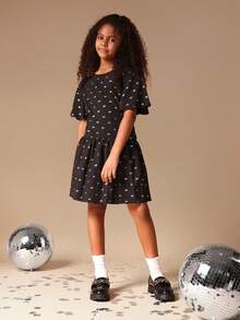 SUMWON Tween Girls Fit And Flare Dress With Metallic Bow Print Short Flutter Sleeves