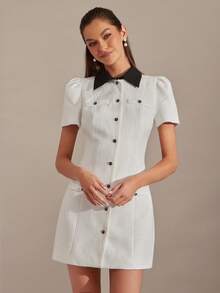 Enchnt Vestido de verano casual y elegante de manga corta con cuello de contraste de color para mujer - Blanco - Ver 1
