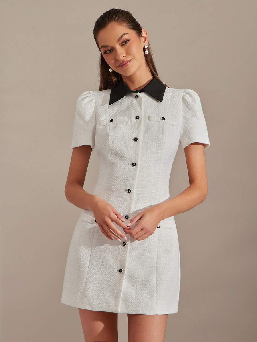 Enchnt Vestido de verano casual y elegante de manga corta con cuello de contraste de color para mujer - Blanco - Ver 1