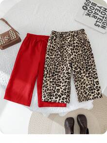 2件套宽松休闲豹纹阔腿裤和纯红色阔腿裤，宽松版型 - 彩色 - 查看 2