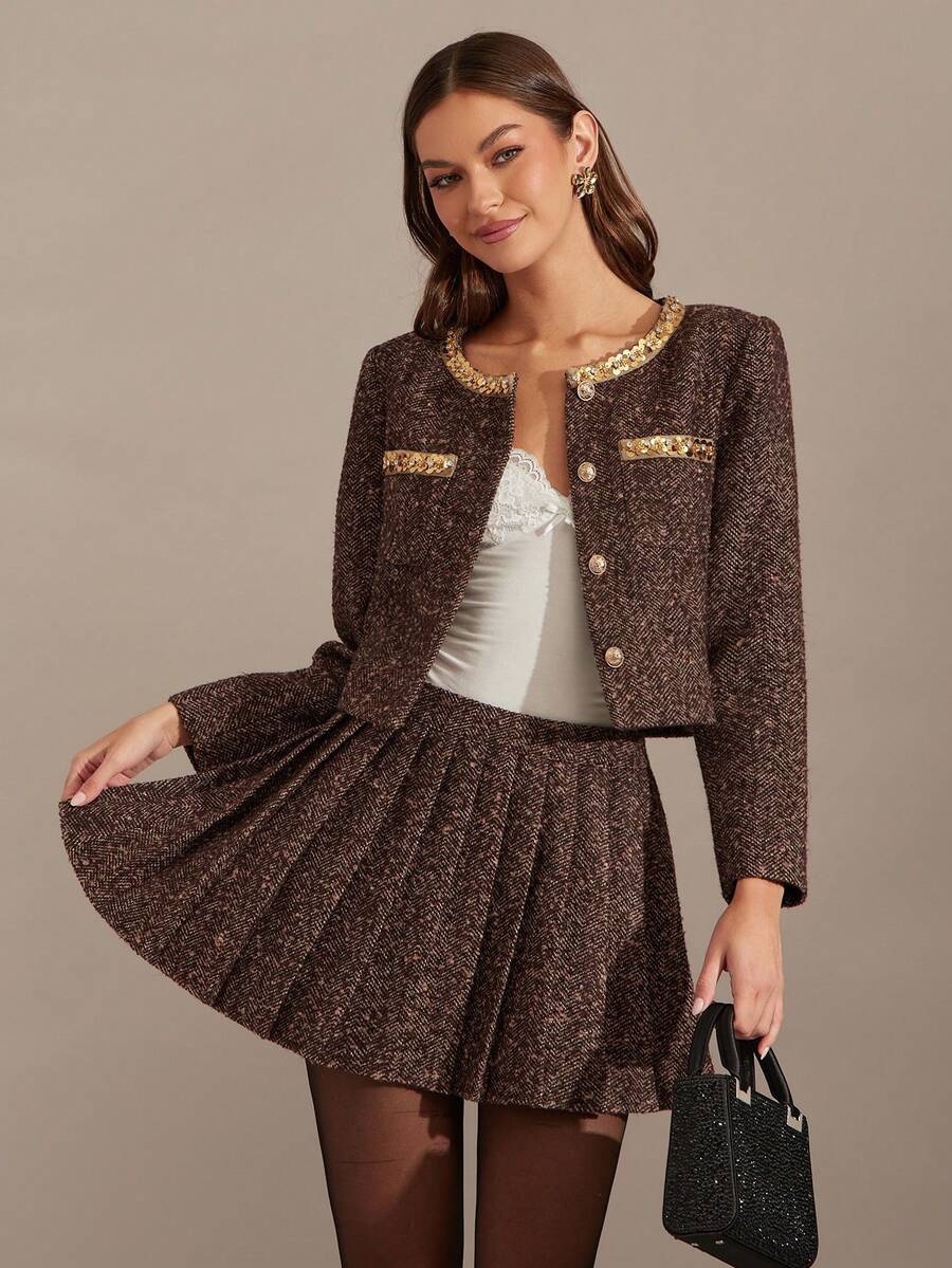 Enchnt 冬季浪漫女士棕色时尚粗花呢亮片常规长袖外套，甜美优雅时尚，适合约会、办公、外出、日常通勤、返校季、圣诞节、女士冬季外套、冬季、新年等场合。 - 棕色 - 查看 1