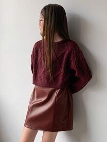 DAZY 2pcs/Set Tween Girls Pullover Sweater & PU Leather Skirt Outfit, Fall