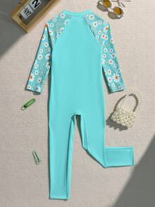 小女孩连体泳衣，花卉拼接长袖和长裤，保守遮盖，适合游泳、海滩、度假 - 藍色 - 查看 2